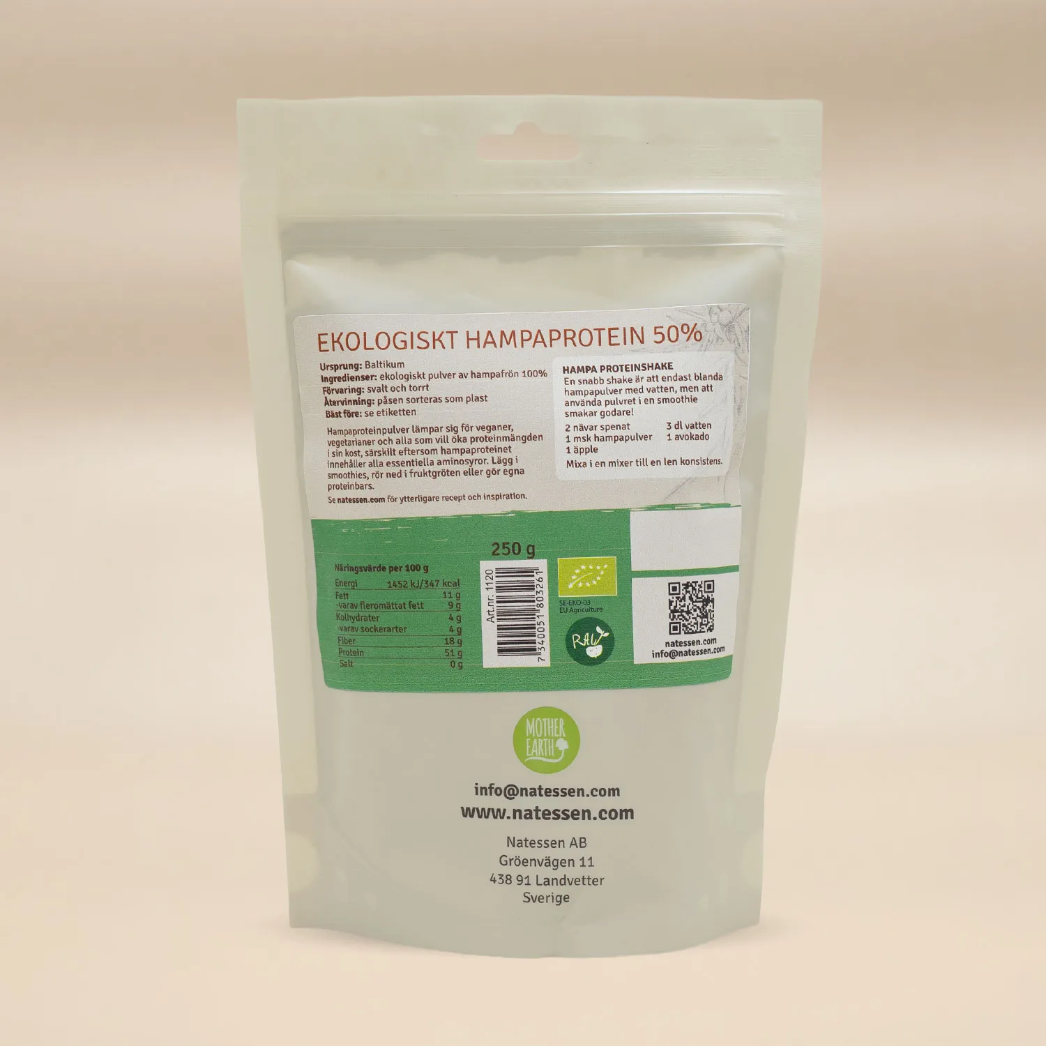 Natessen Mother Earth hampaproteinpulver 50% 250 g raw