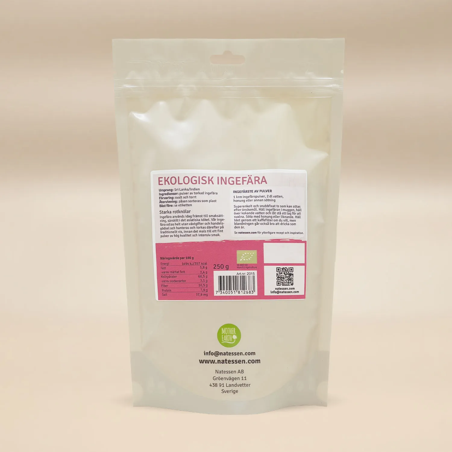 Mother Earth Premium ingefærpulver 250g økologisk tørket
