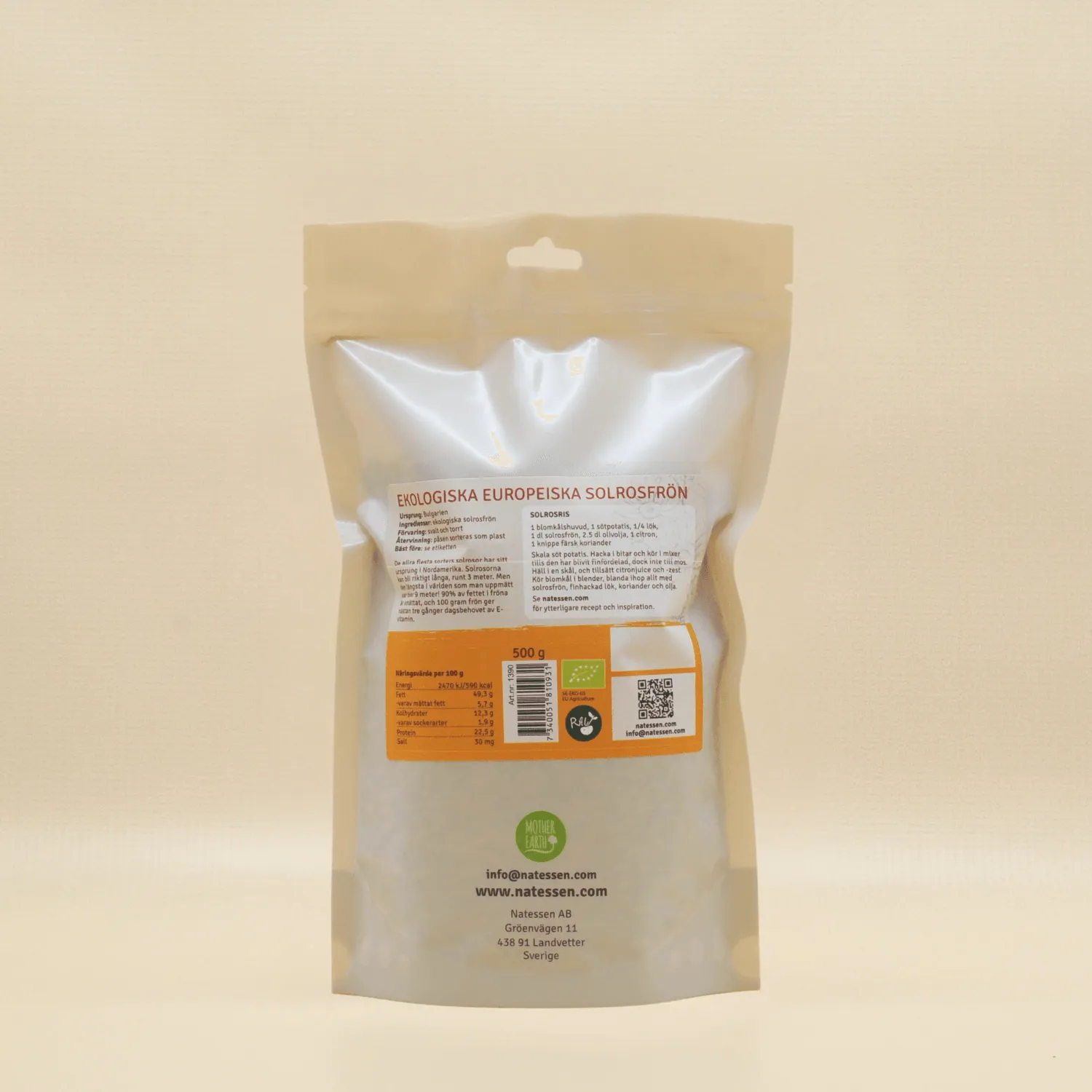 Natessen Mother Earth Solrosfrön EKO 500g solsikkefrø naturell