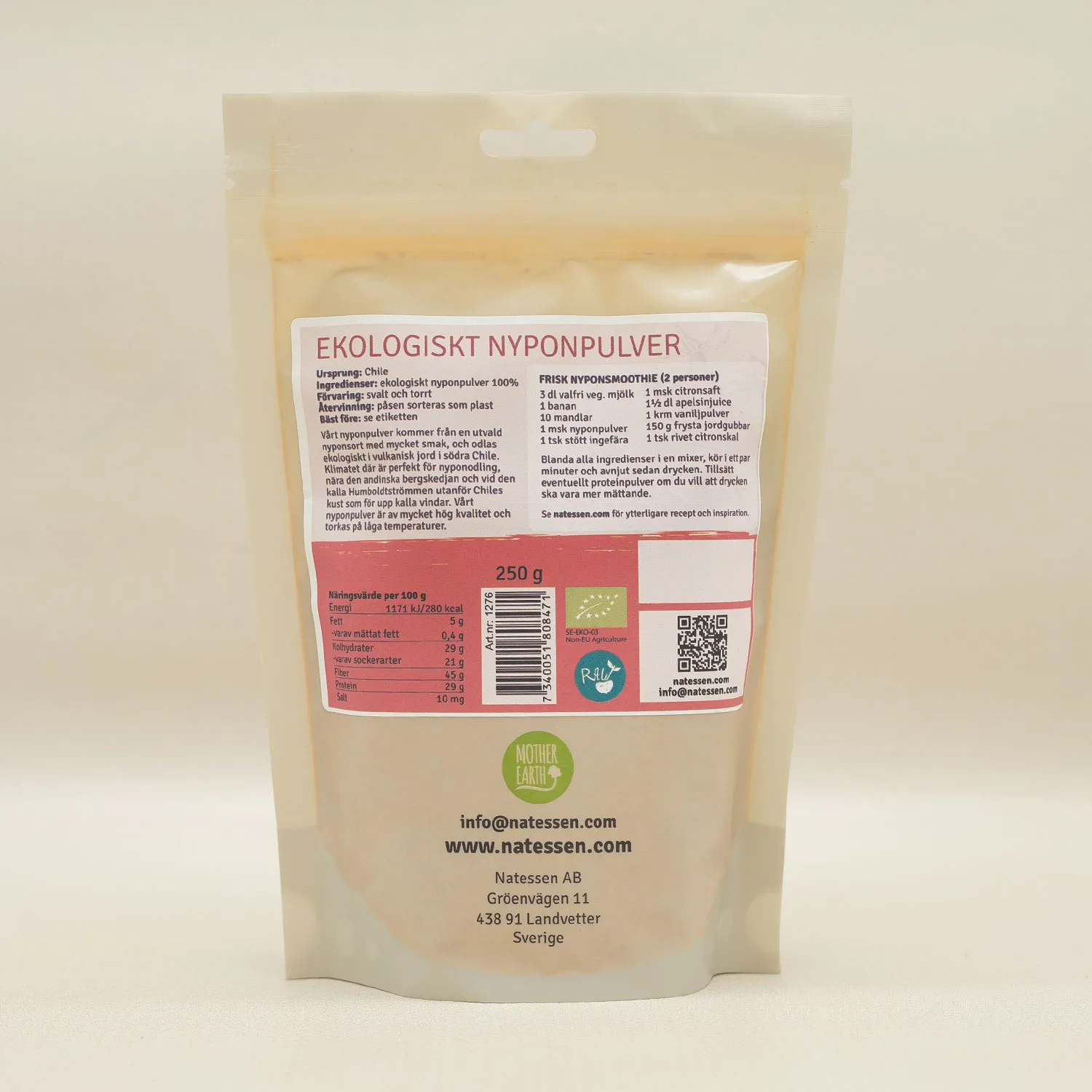 Natessen Mother Earth Nypepulver Frystørket Premium RAW EKO 250 g syrlig