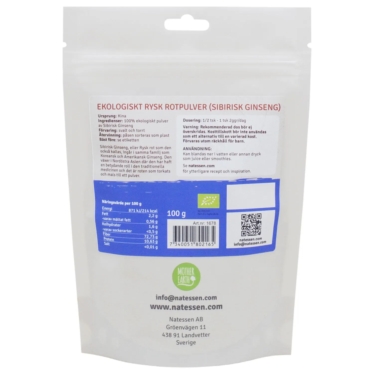 Mother Earth rysk rotpulver 100g økologisk råtørket