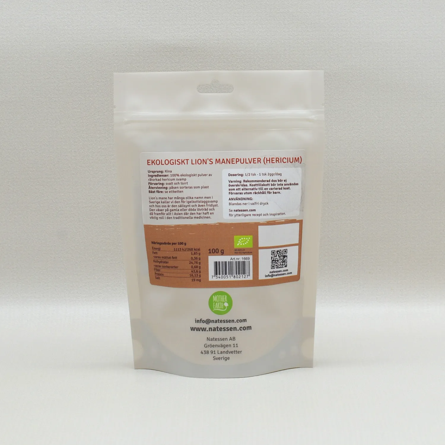 Natessen Mother Earth Lion's Mane Soppulver 100g EKO Fiberrik