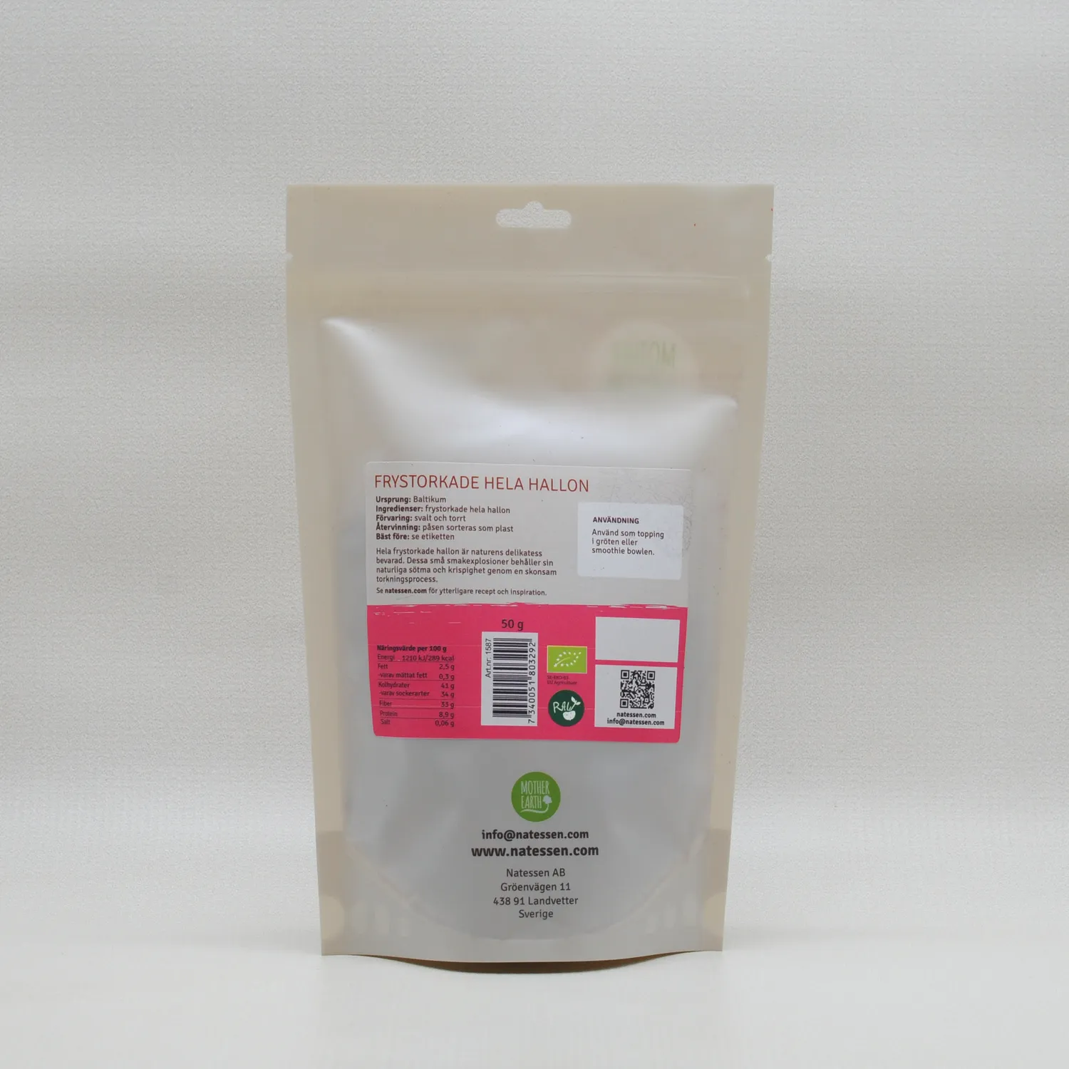 Natessen Mother Earth bringebær frysetørkede 50 g raw øko