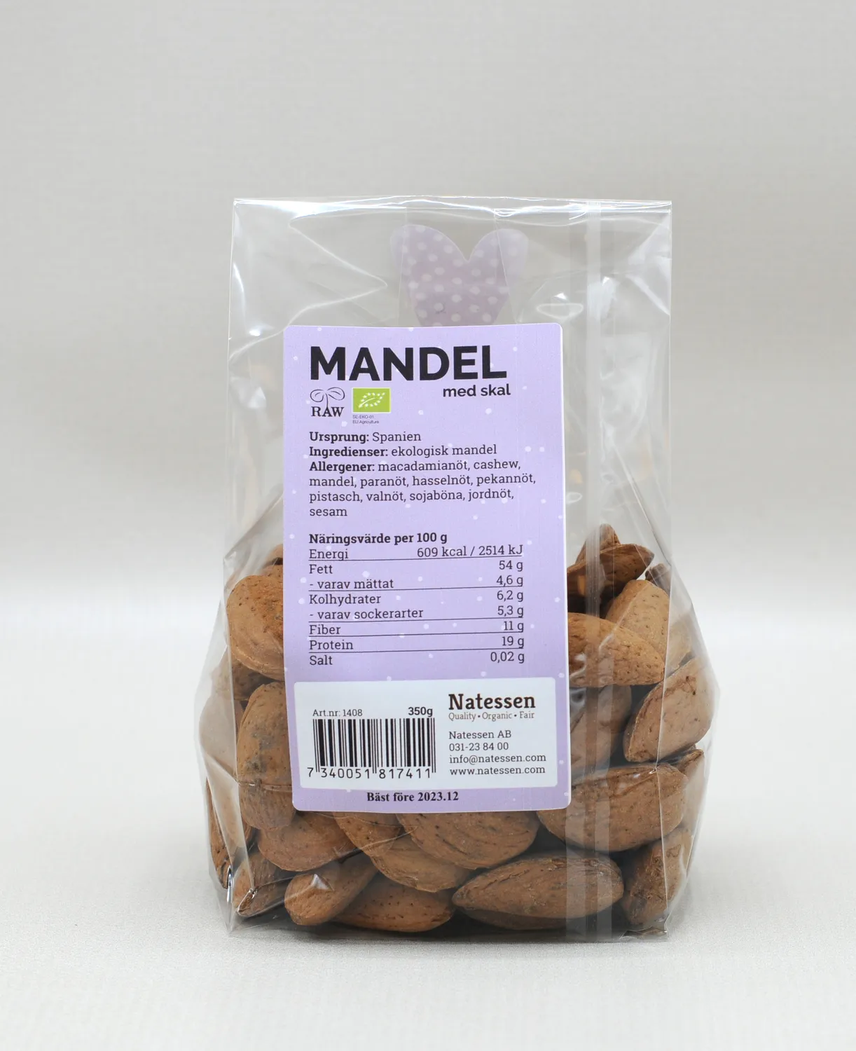 Natessen Mother Earth mandler hele 350 g premium raw øko