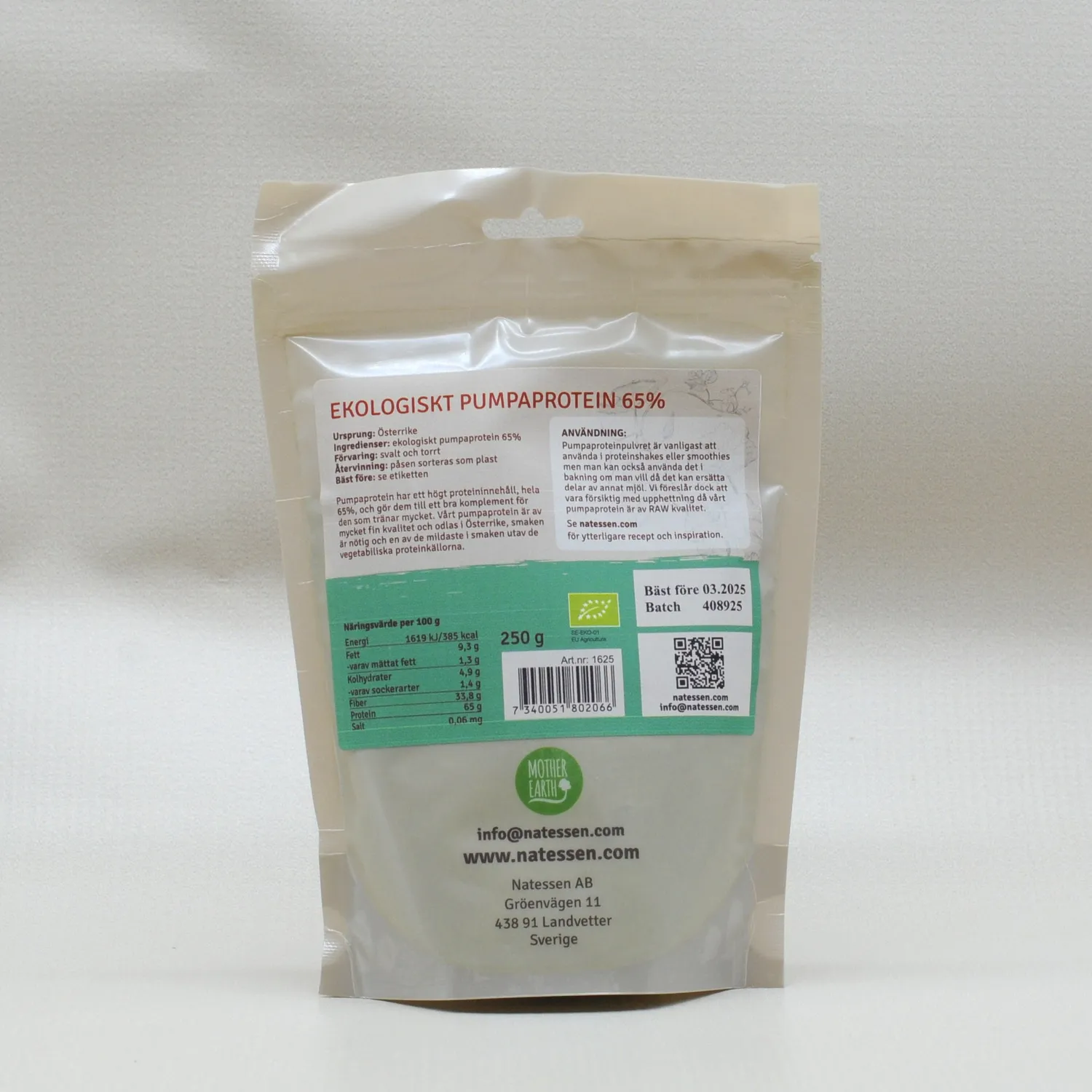 Natessen Mother Earth gresskarprotein 65% 250 g øko