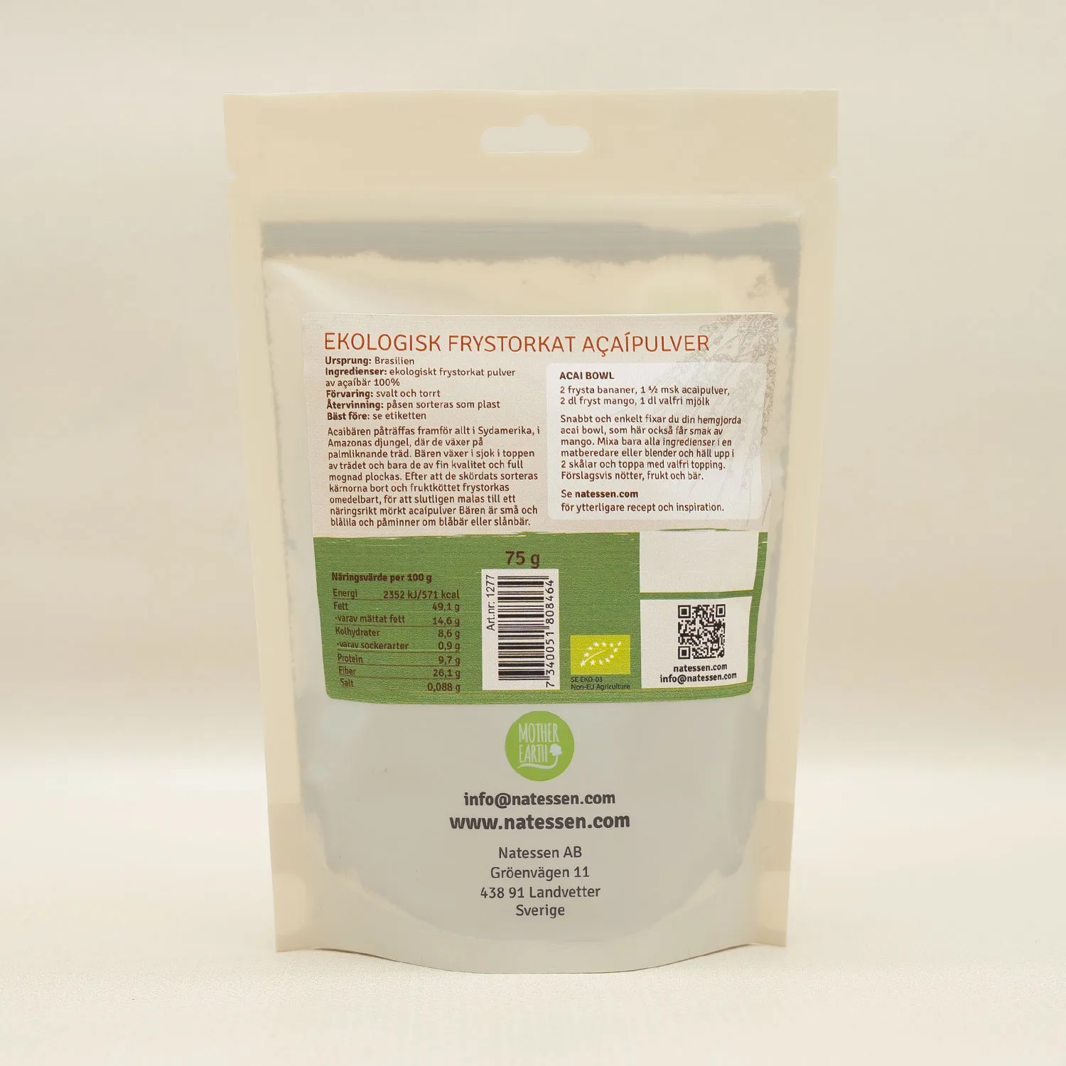 Natessen Mother Earth acaipulver frysetørket RAW EKO 75g bær