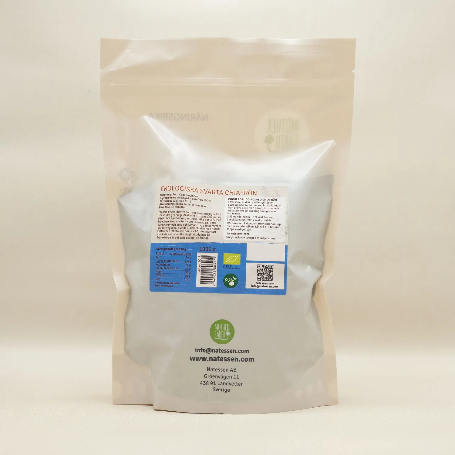 Natessen Mother Earth chiafrø svarte 1 kg rå fiberrike